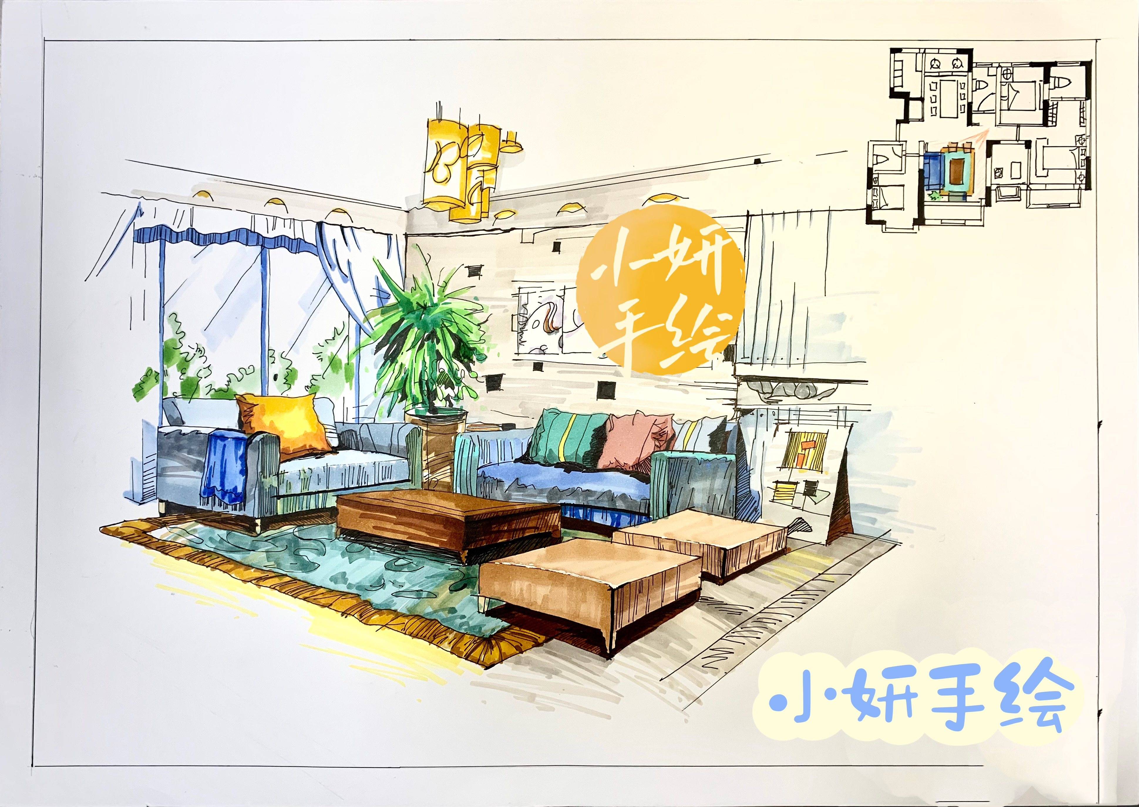 马克笔手绘效果图室内景观园林环艺建筑庭院明信片手绘效果图设计