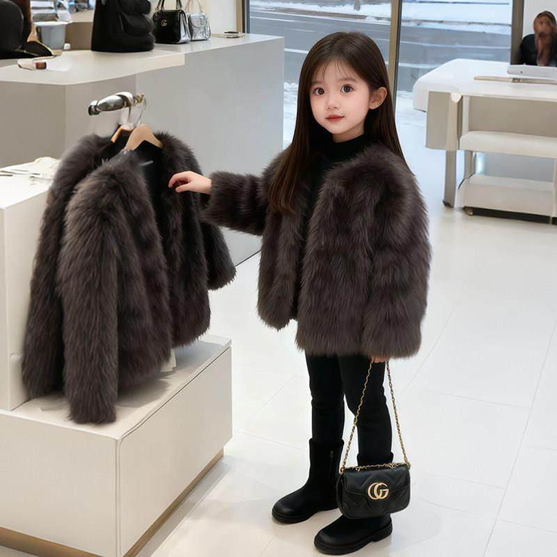 女宝宝冬季保暖上衣2025新款女童皮草外套新款仿皮草加厚毛毛大衣