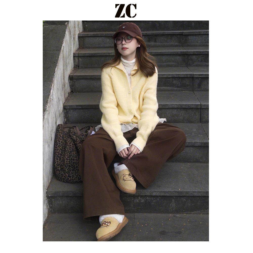 美拉德棕咖色加绒阔腿牛仔裤女2025冬季新款美式高腰垂感直筒裤子