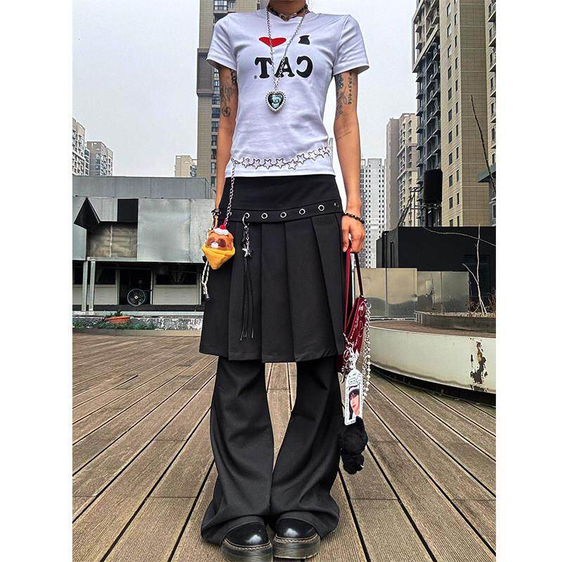 美式覆古假两件屁帘裙裤女夏季新款设计感叠穿裙裤一体西装长裤子