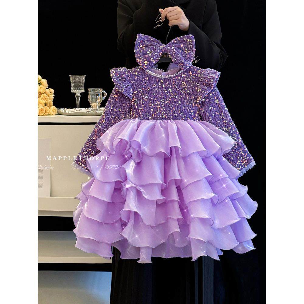 绝美女童公主裙冬季高端加绒亮片连衣裙儿童洋气生日宴高级礼服裙