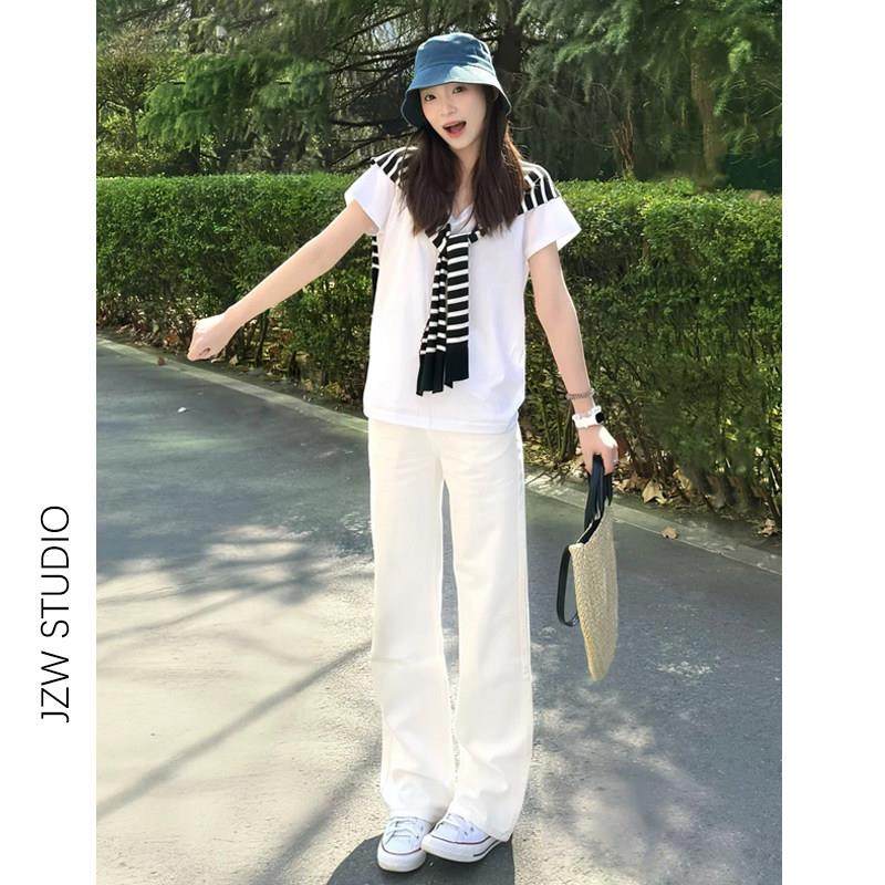 白色高腰阔腿牛仔裤女春夏新款宽松显瘦小个子百搭垂感拖地直筒裤