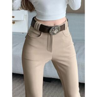 高级感卡其色微喇西装裤女秋季修身显瘦时尚高腰喇叭裤垂感拖地裤