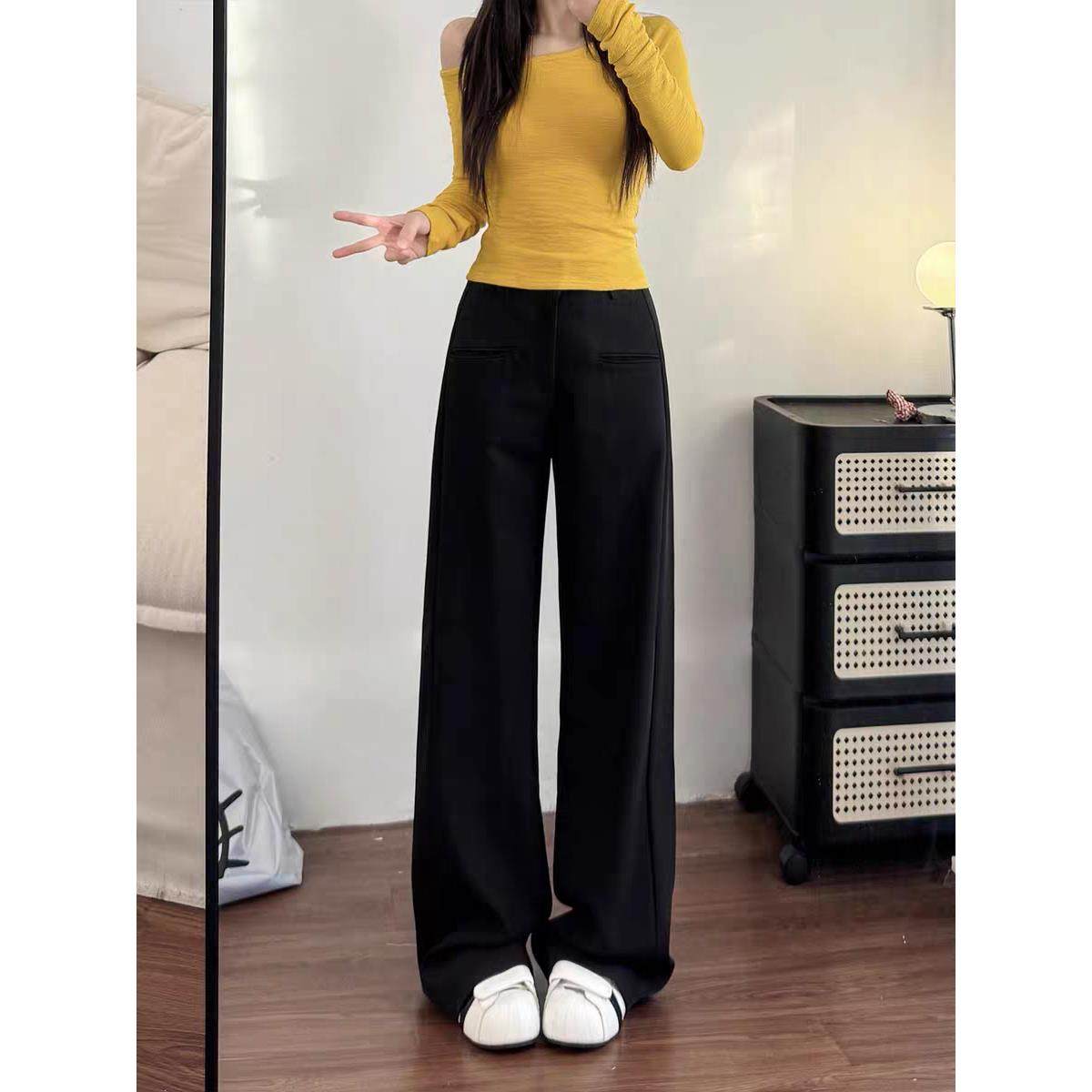 黑色西装微喇裤女大码胖mm遮胯显瘦宽松阔腿 梨形身材休闲马蹄裤