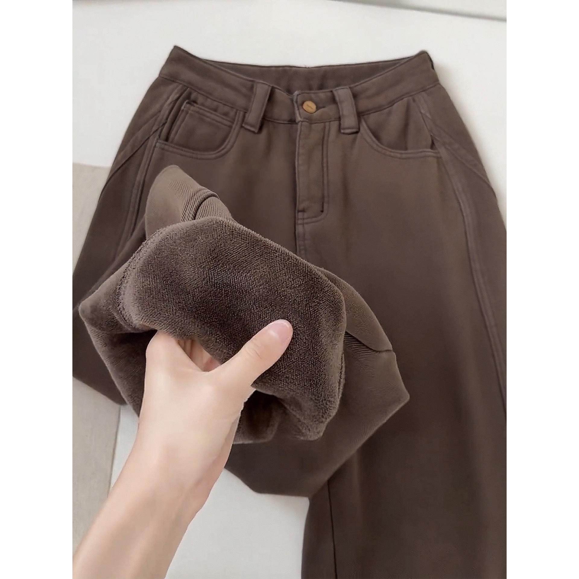 美拉德棕色裤子直筒加绒牛仔裤女款大码弯刀裤胖mm宽松显瘦阔腿裤