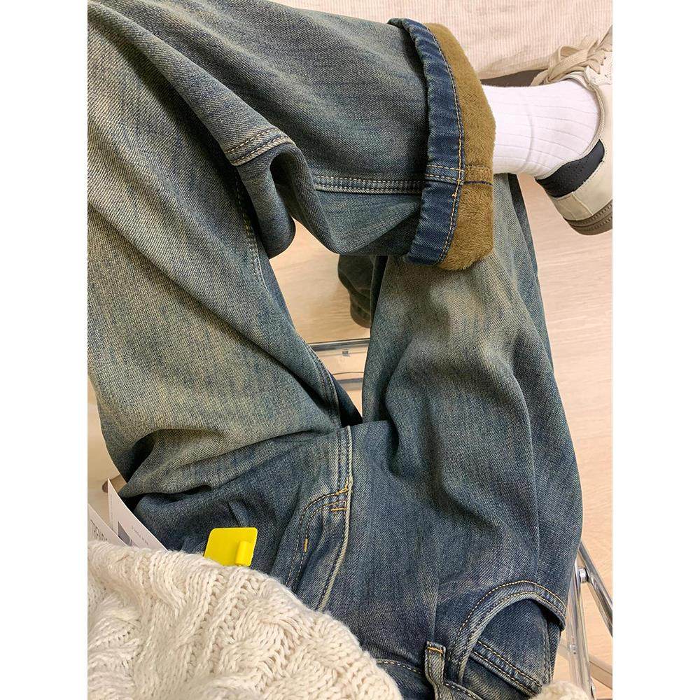 加绒加厚水泥灰直筒牛仔裤女冬季新款大码胖mm高腰显瘦宽松阔腿裤