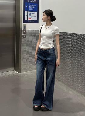 SadSoil 赛络纺蓝色微喇牛仔裤女低腰修身显瘦做旧长裤阔腿裤秋冬