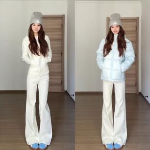 白色弹力微喇牛仔裤女小个子2025冬新款加绒显瘦垂感不贴腿喇叭裤