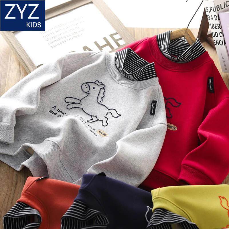 男童冬季假两件加绒卫衣中大童儿童洋气半高领防风加厚保暖上衣潮