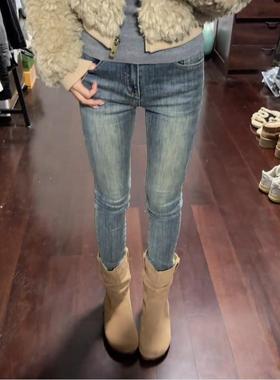 韩版辣妹覆古深色小脚牛仔裤配靴子铅笔紧身裤高腰修身弹力九分裤