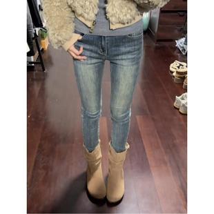 韩版辣妹覆古深色小脚牛仔裤配靴子铅笔紧身裤高腰修身弹力九分裤