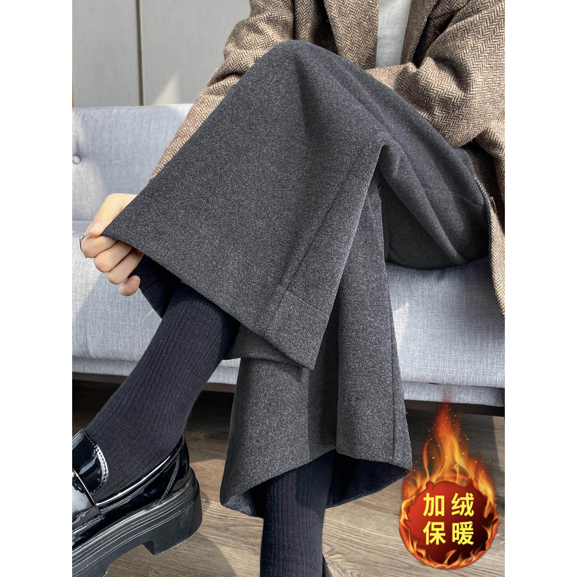 高级感加绒加厚毛呢西装裤女秋冬新款高腰显瘦直筒垂感九分阔腿裤