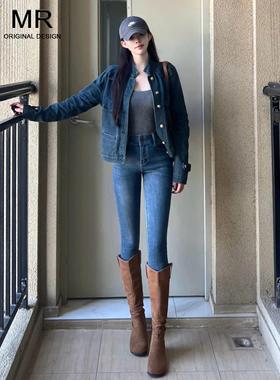 覆古辣妹高腰小脚牛仔裤女2025秋冬新款显瘦紧身弹力双扣铅笔裤子