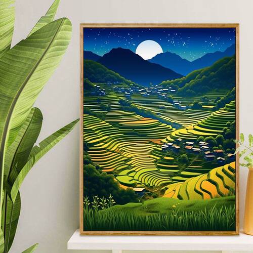 梯田自然风景挂画金色田园风光装饰画绿色农家乐饭店餐厅壁画