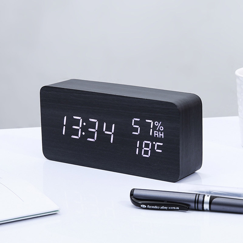 创意LED多功能闹钟木头智能声控时钟家居电子钟静音桌面数字台钟