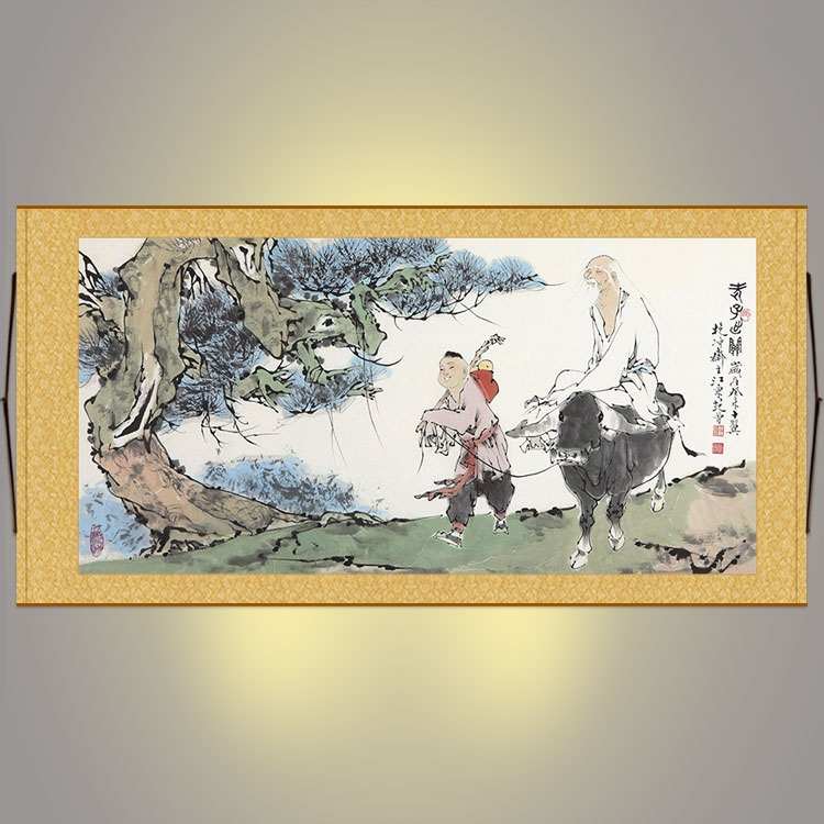 客厅人物画横批.丝绸装饰画挂画 画动物牛青牛 Q老子出关横幅骑图图片