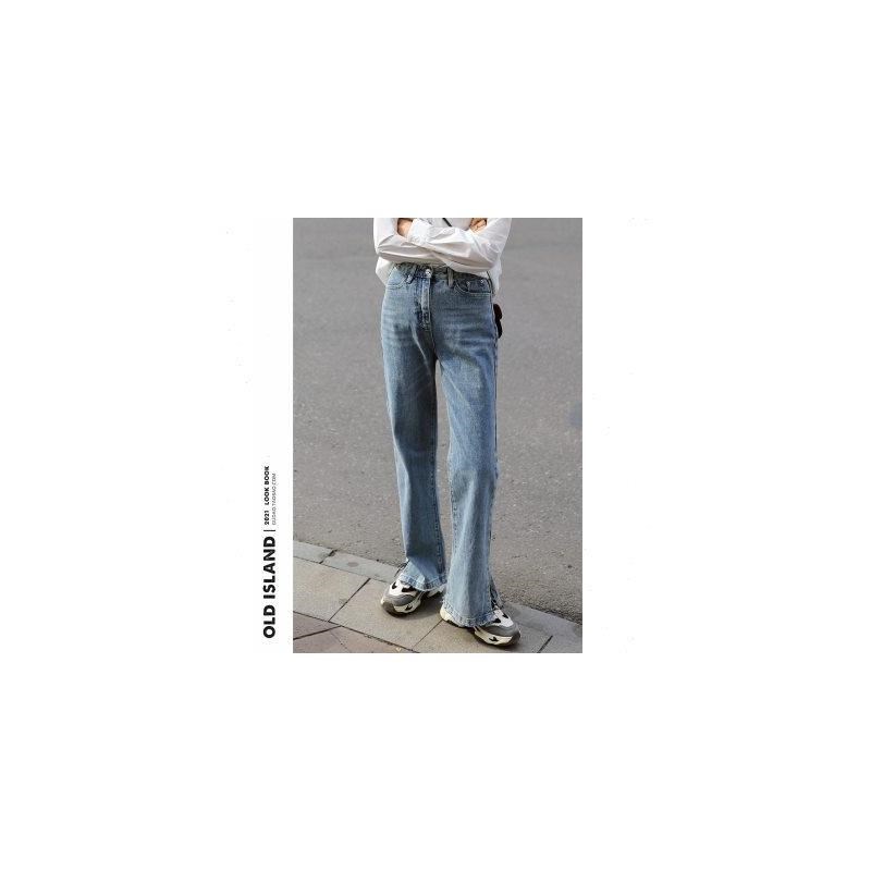 故岛设计a感小众分叉拖地裤高腰直筒开叉牛仔裤女宽松显瘦阔腿裤