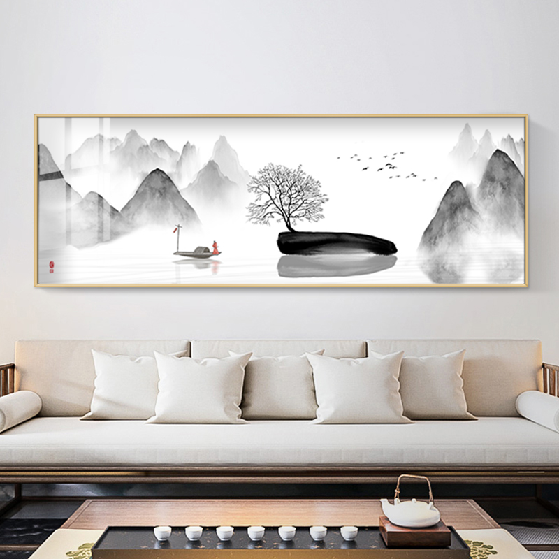 新中式水墨客厅山水画挂画茶室横幅禅意沙发背景墙装饰画风景大.