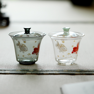 清新泡茶贴花功夫茶具 金玉满堂玻璃盖碗高硼硅耐热家用茶具新中式