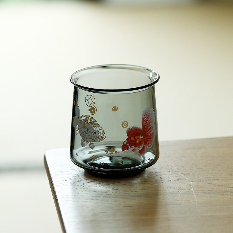 金玉满堂贴花玻璃杯高硼硅耐热茶杯高档灰色透明主人杯大号品茗杯