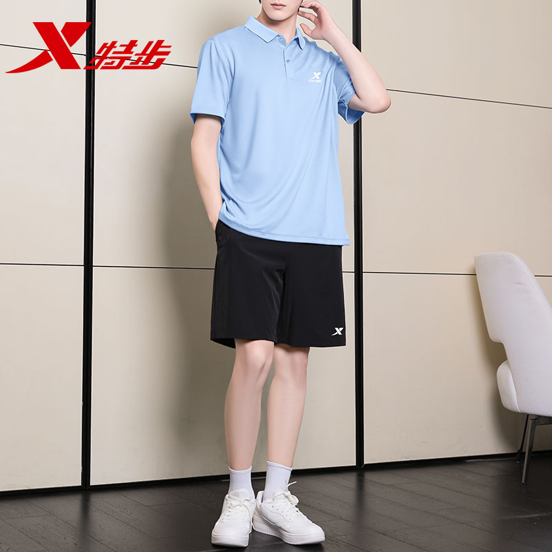 特步翻领运动套装2025夏季新款休闲服速干冰丝短袖短裤两件套男装