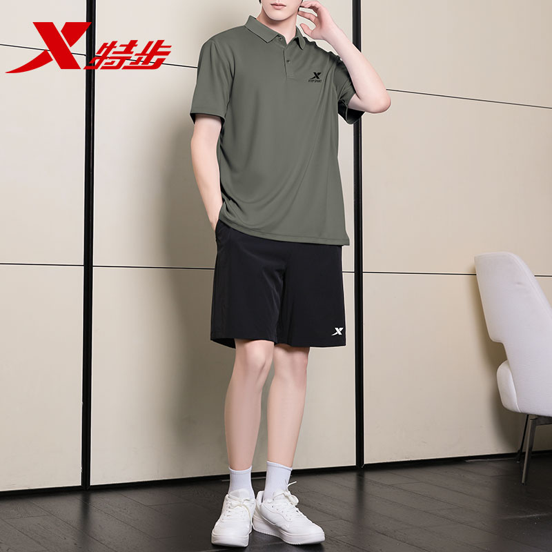 特步翻领运动套装夏季新款POLO衫休闲服薄款速干短袖短裤两件套男