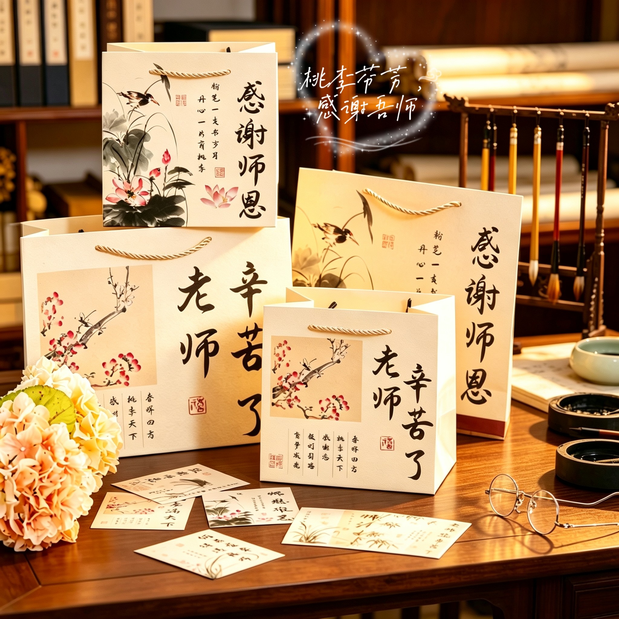 国风水墨谢师手提袋教师节送老师礼品袋荷花花鸟感谢师恩礼物包装
