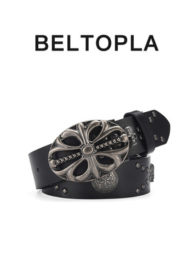 BELTOPLA美式复古铆钉骷髅头皮带黑色小众十字架朋克腰带男女个性