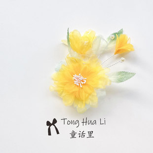 红色系烫花原创汉服配饰发夹古风头饰绢纱花朵仙气侧边刘海夹