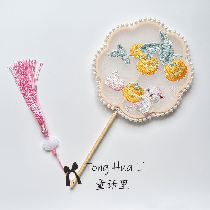 汉服团扇儿童古风扇子刺绣花手持长柄国风汉服旗袍舞蹈走秀拍照扇