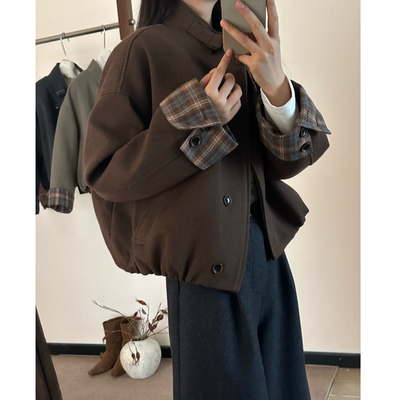 格子撞色美拉德棕色呢子