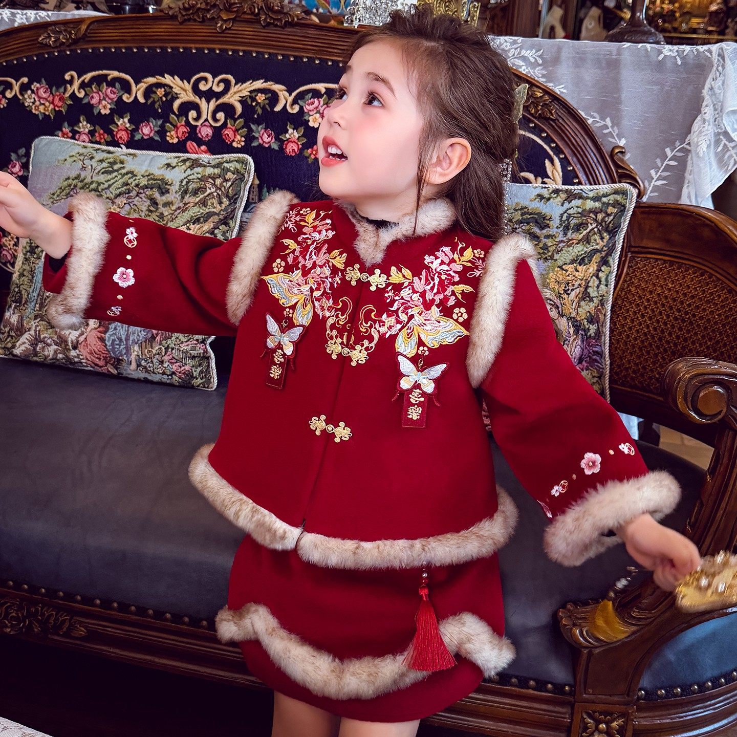 女童拜年服套装冬装2026新款儿童国风红色提花夹棉外套短裙两件套,童装/婴儿装/亲子装,套装,淘宝优惠券,粉丝福利购,淘宝优惠卷