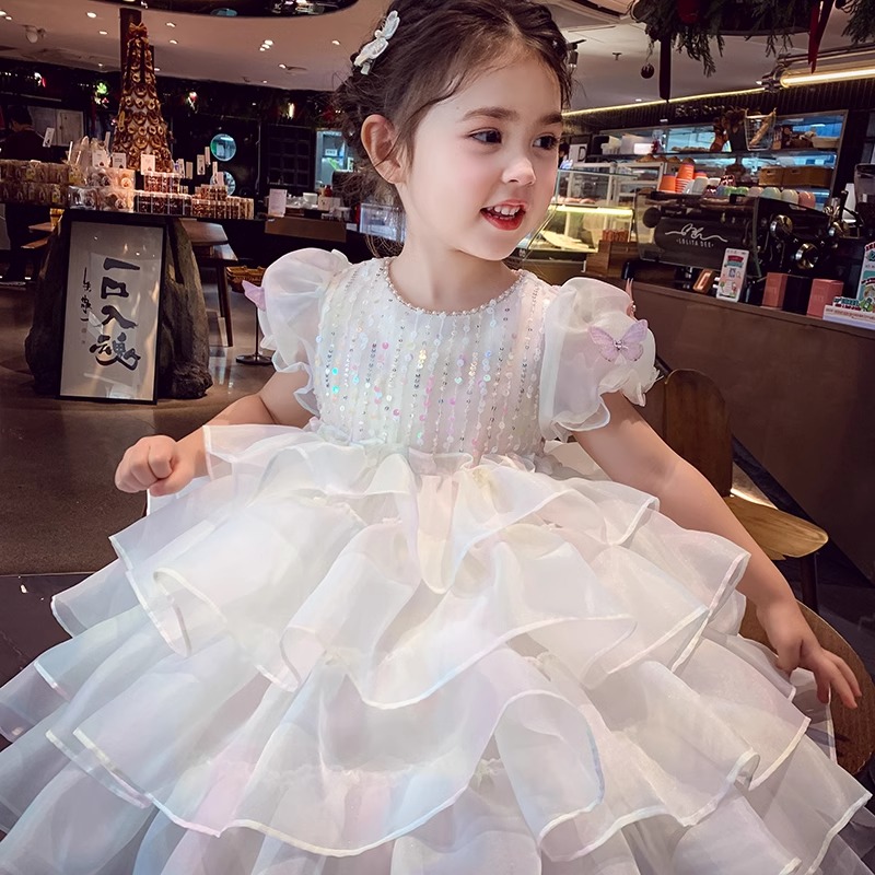 女童法式泡泡袖短袖网纱连衣裙子