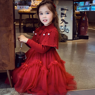 针织披肩网纱连衣裙两件套 儿童韩版 女童红色公主裙冬装 2025新款