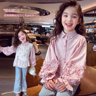 女童春装衬衫2026新款儿童韩版珍珠蝴蝶结翻领衬衣女孩灯笼袖上衣