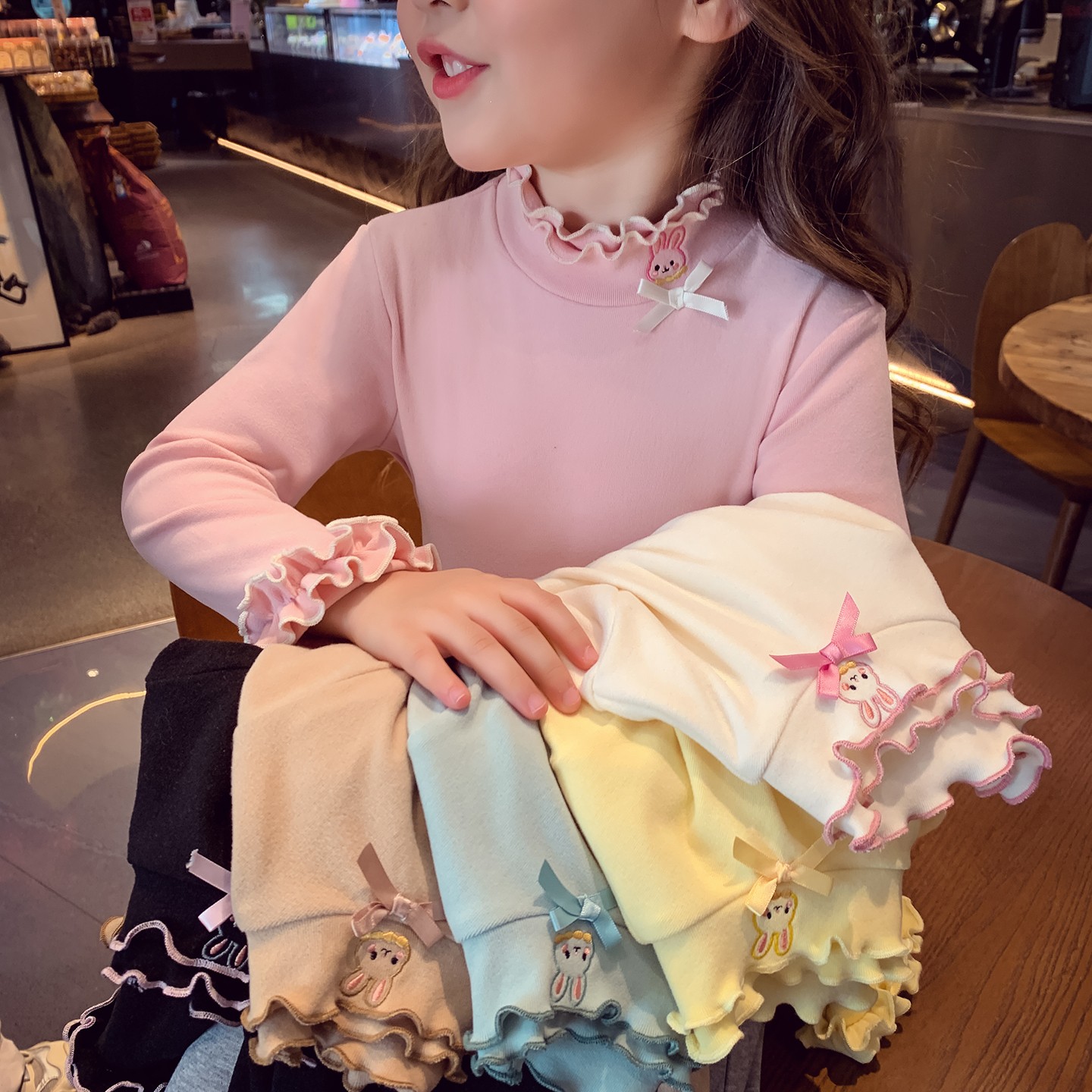 女童打底衫秋冬2025新款儿童韩版木耳花边中高领内搭女孩长袖上衣