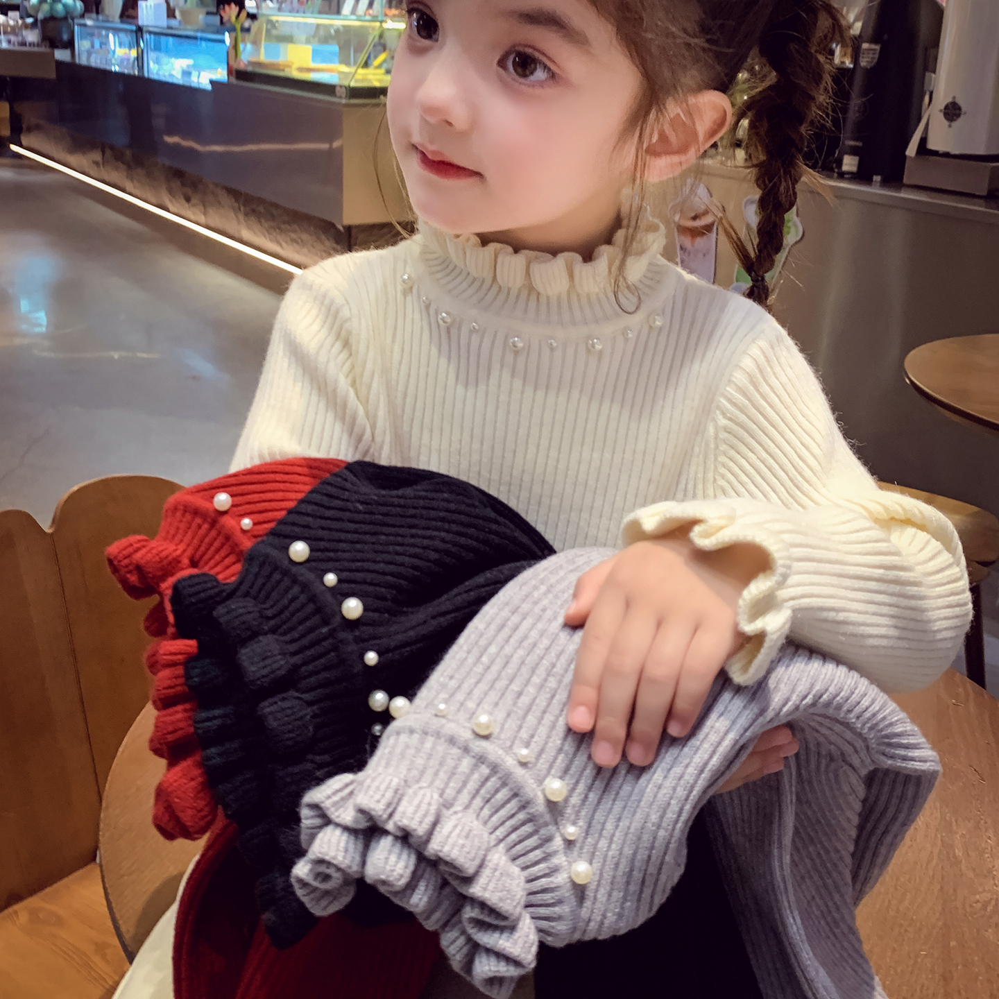 儿童花边领针织毛衣女孩短款上衣