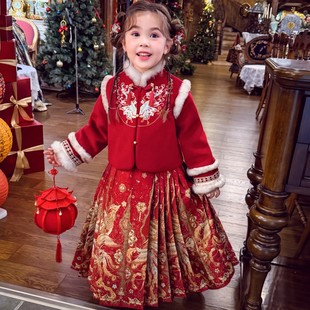 女童国风外套冬装2026新款儿童提花刺绣夹棉大衣女孩红色新年上衣