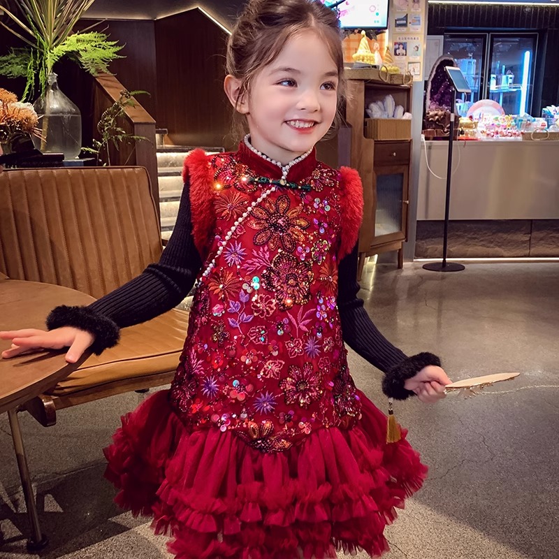 背心网纱拼接拜年服女孩旗袍裙子