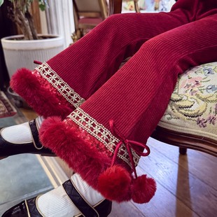 女童国风喇叭裤冬装2026新款儿童新年红色加绒毛球长裤女孩休闲裤