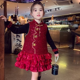 女童旗袍裙冬装2025新款儿童国风新中式亮片背心裙夹棉新年连衣裙