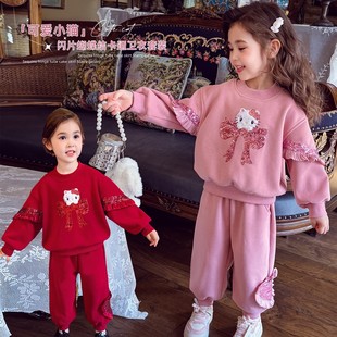 女童加绒套装冬装2025新款儿童新年红色亮片卡通卫衣休闲裤两件套
