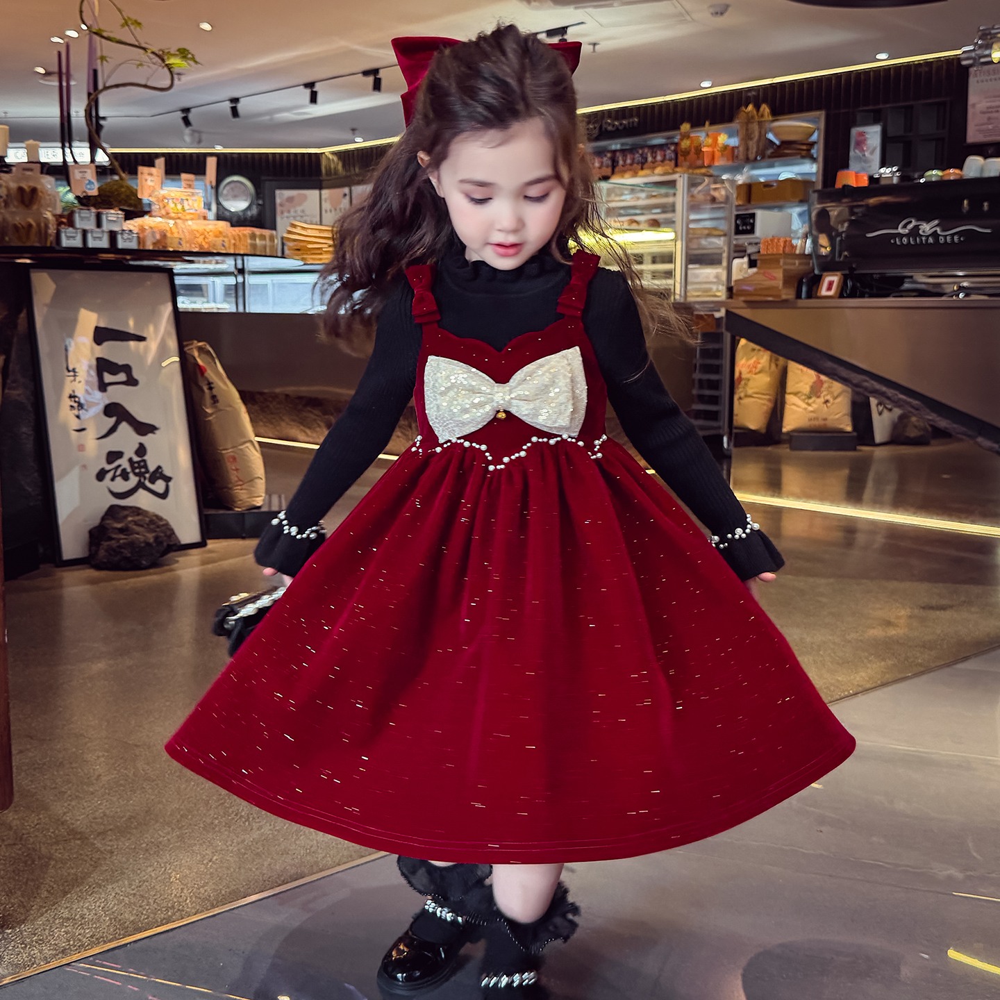 女童烫金蝴蝶结礼服丝绒连衣裙