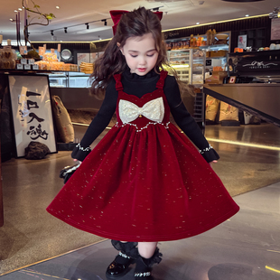 女童丝绒裙冬装2025新款儿童韩版烫金蝴蝶结礼服公主裙女孩连衣裙