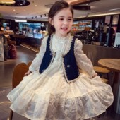 新款 女童春装 连衣裙套装 洋气牛仔马甲蕾丝裙两件套春秋小女孩套裙