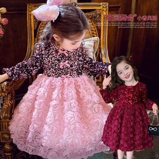 女童连衣裙冬装小女孩公主裙2025新款秋冬加绒亮片花朵女宝宝裙子