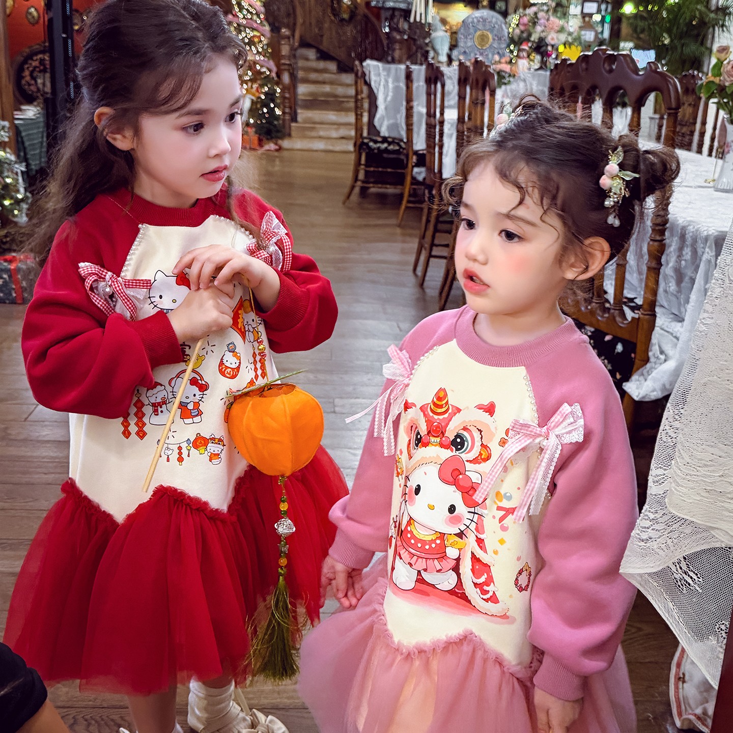 女童醒狮加绒新年卫衣裙