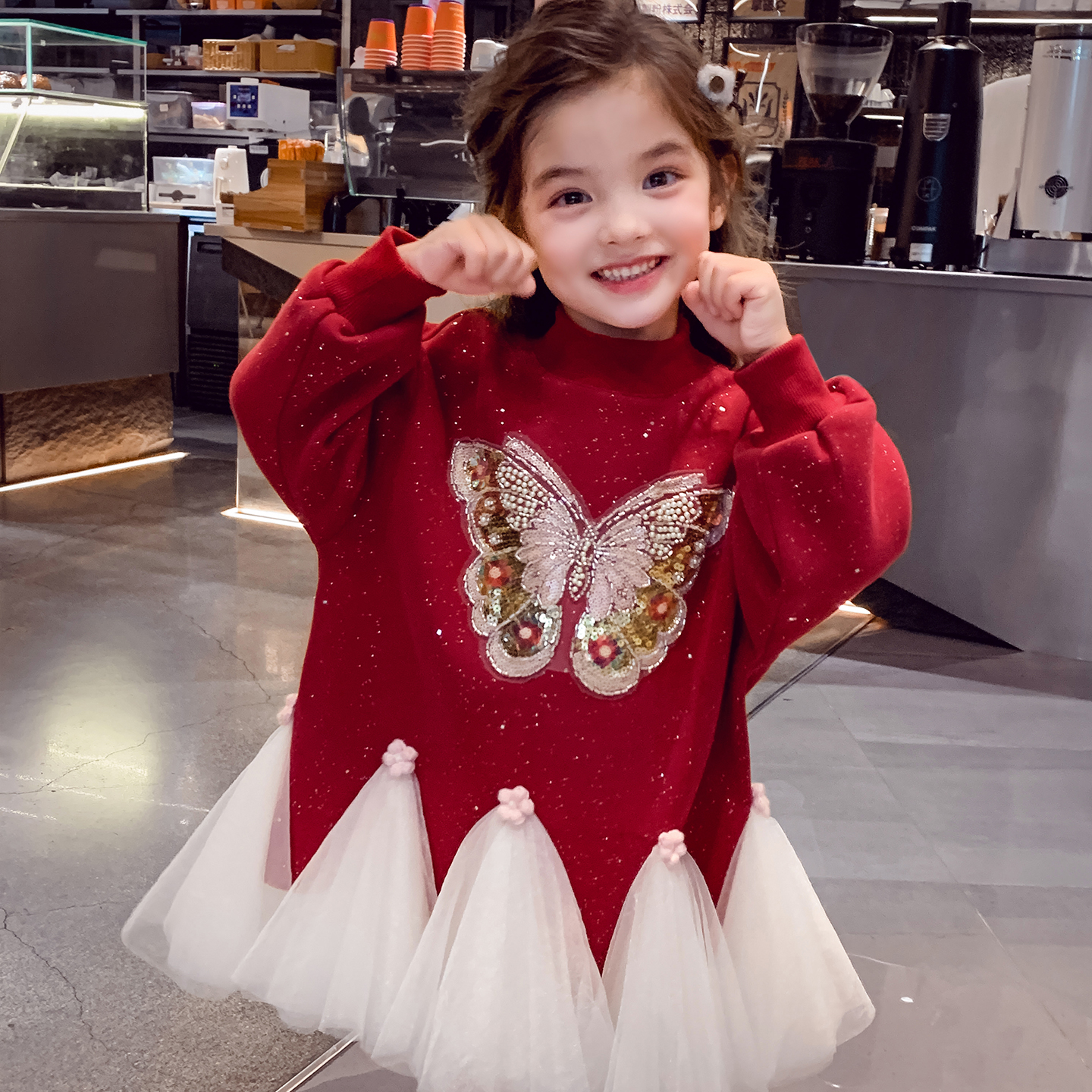 加绒网纱拼接小女孩宽松短款上衣