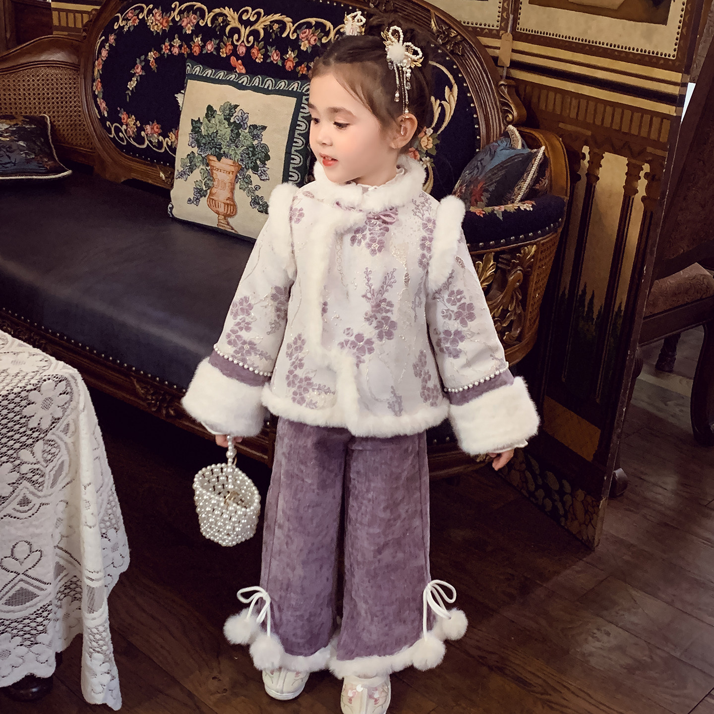 女童新中式套装冬装2025新款儿童国风唐装外套雪尼尔阔腿裤两件套,童装/婴儿装/亲子装,唐装,淘宝优惠券,粉丝福利购,淘宝优惠卷