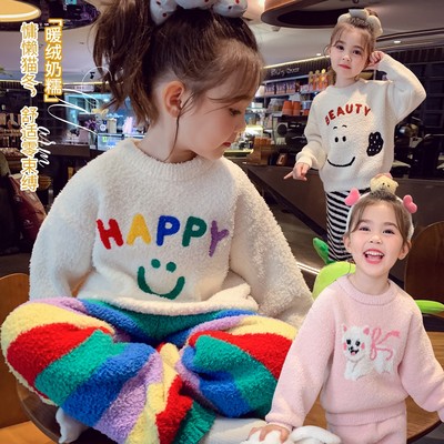 女童卡通保暖半边绒家居服套装